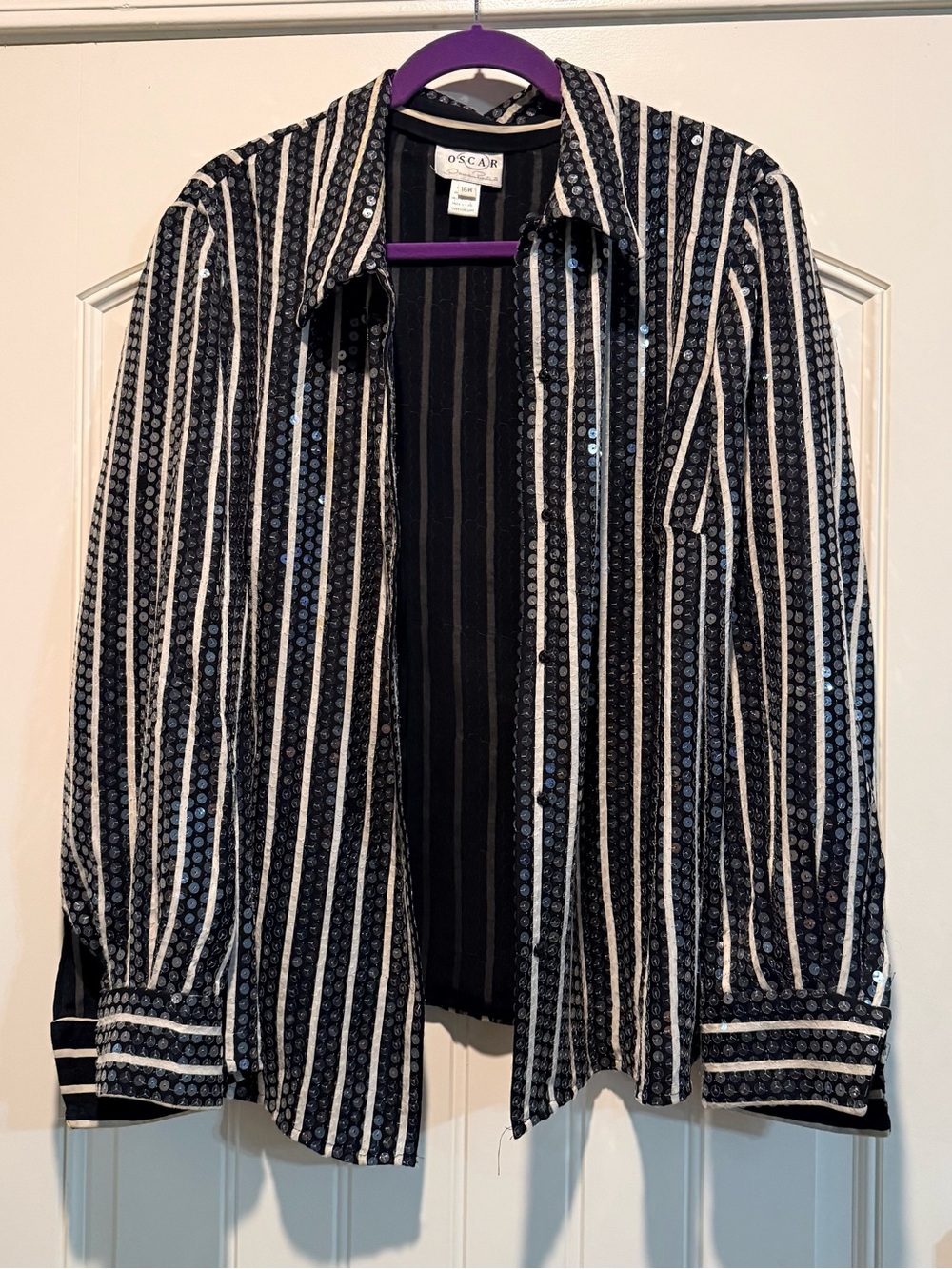 Oscar de la Renta Black and White Striped Sequin Shirt Jacket
